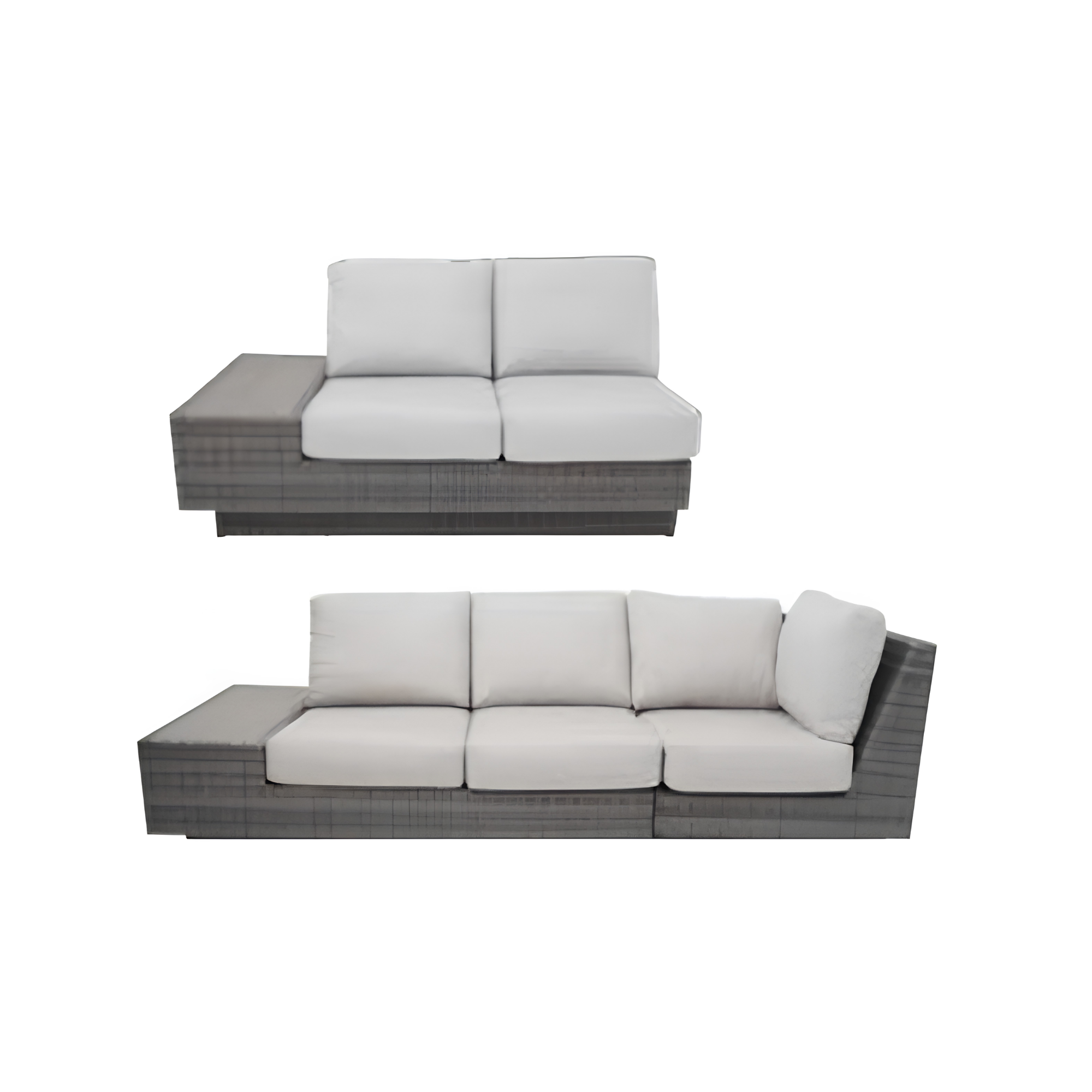 Image of a modern white sofa with a pillow on the left side, seen against a plain white background.