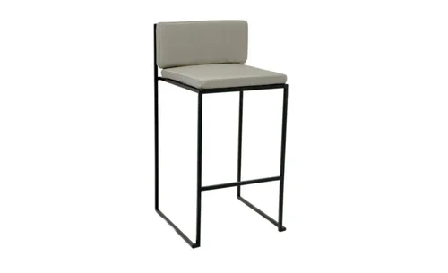 A modern bar stool with a cushioned seat and backrest, metal frame, and footrest.