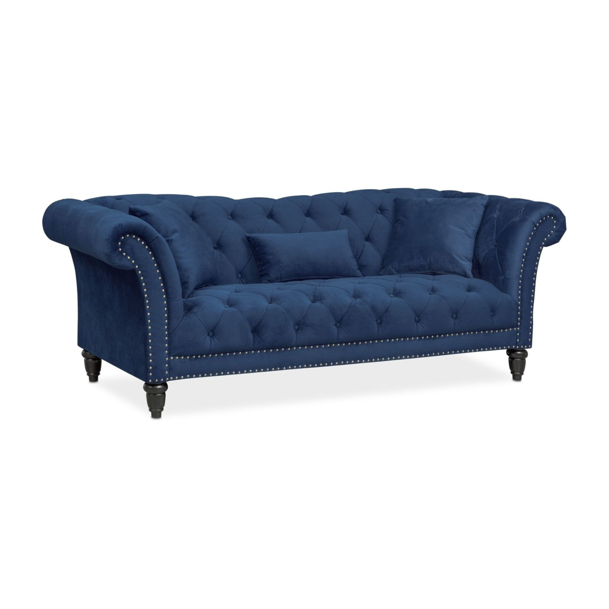 A navy blue velvet Chesterfield sofa with button tufting and rolled arms