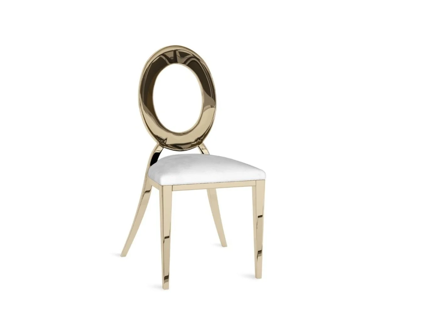 A modern chair with gold frame, oval mirror backrest, and white cushioned seat.