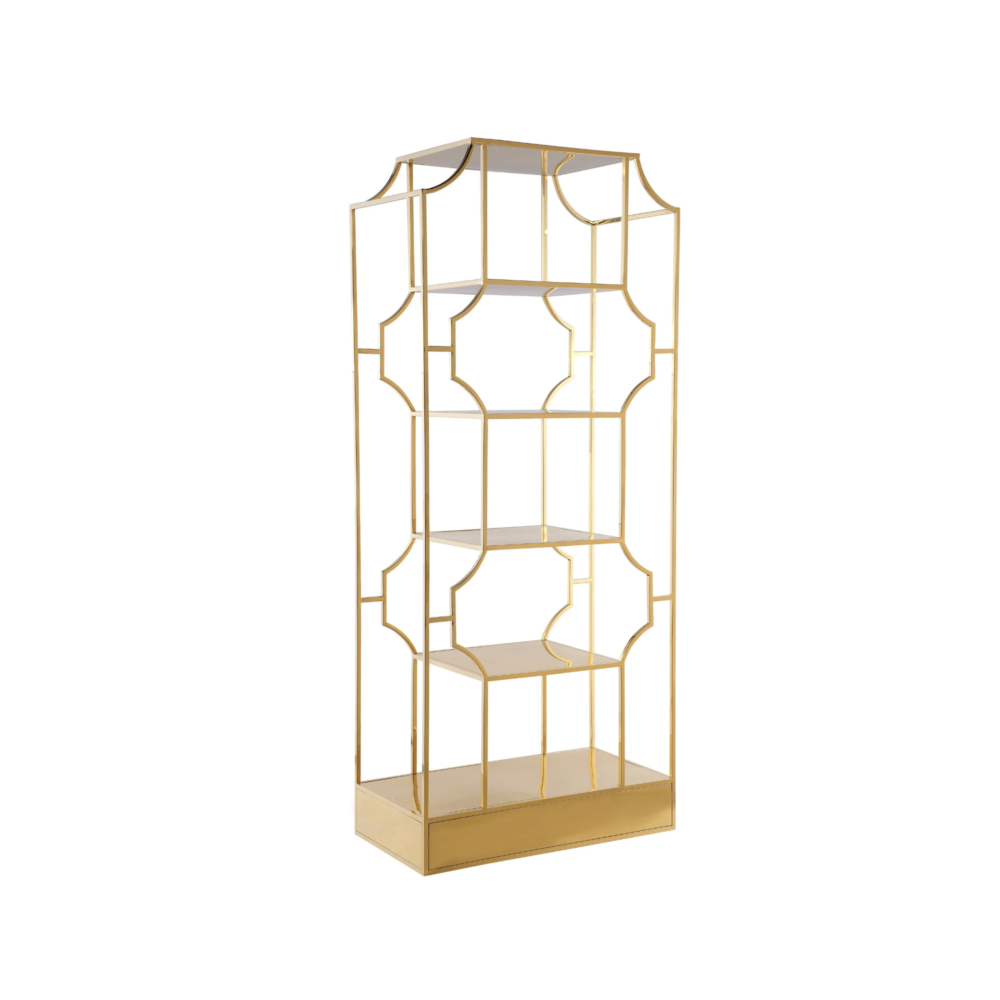 A gold-colored metal jewelry or display stand with multiple shelves and decorative cutout details, set against a white background.