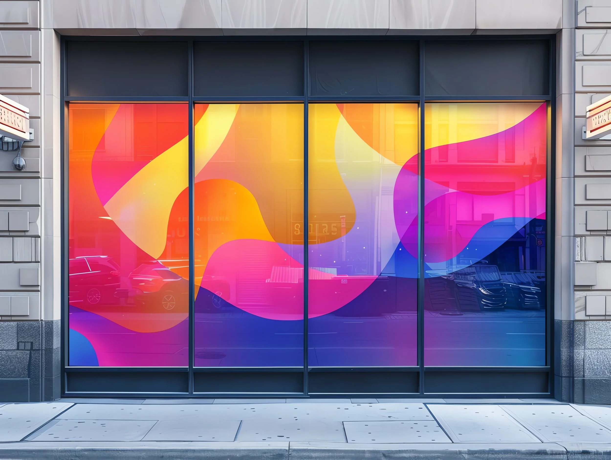 Storefront with colorful abstract graphic on windows, framed by gray stone walls and a gray sidewalk in front.