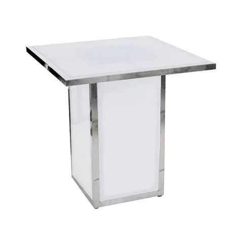 A modern silver and white side table with a square top and a rectangular base.