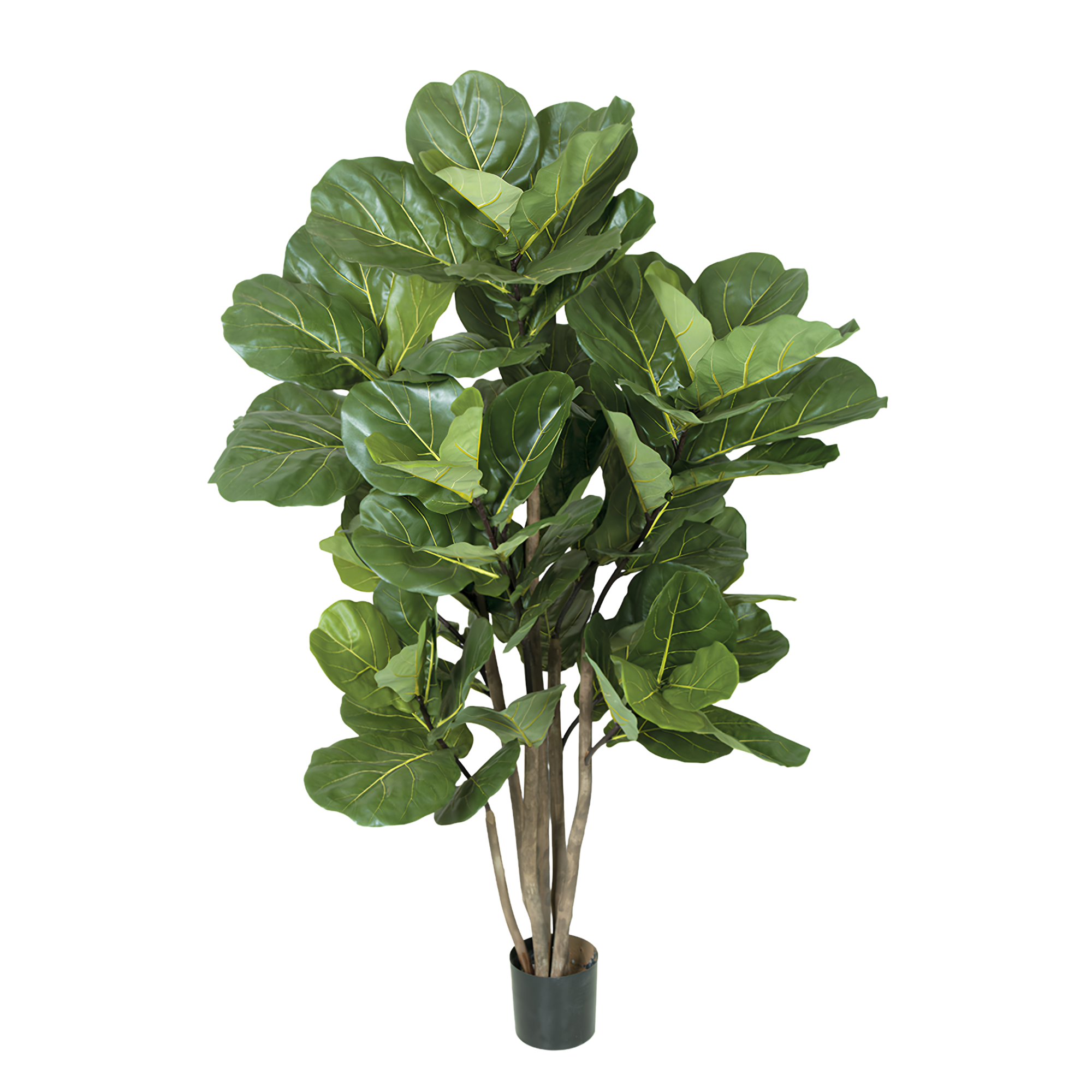 Artificial fiddle leaf fig plant in black pot with large green leaves.