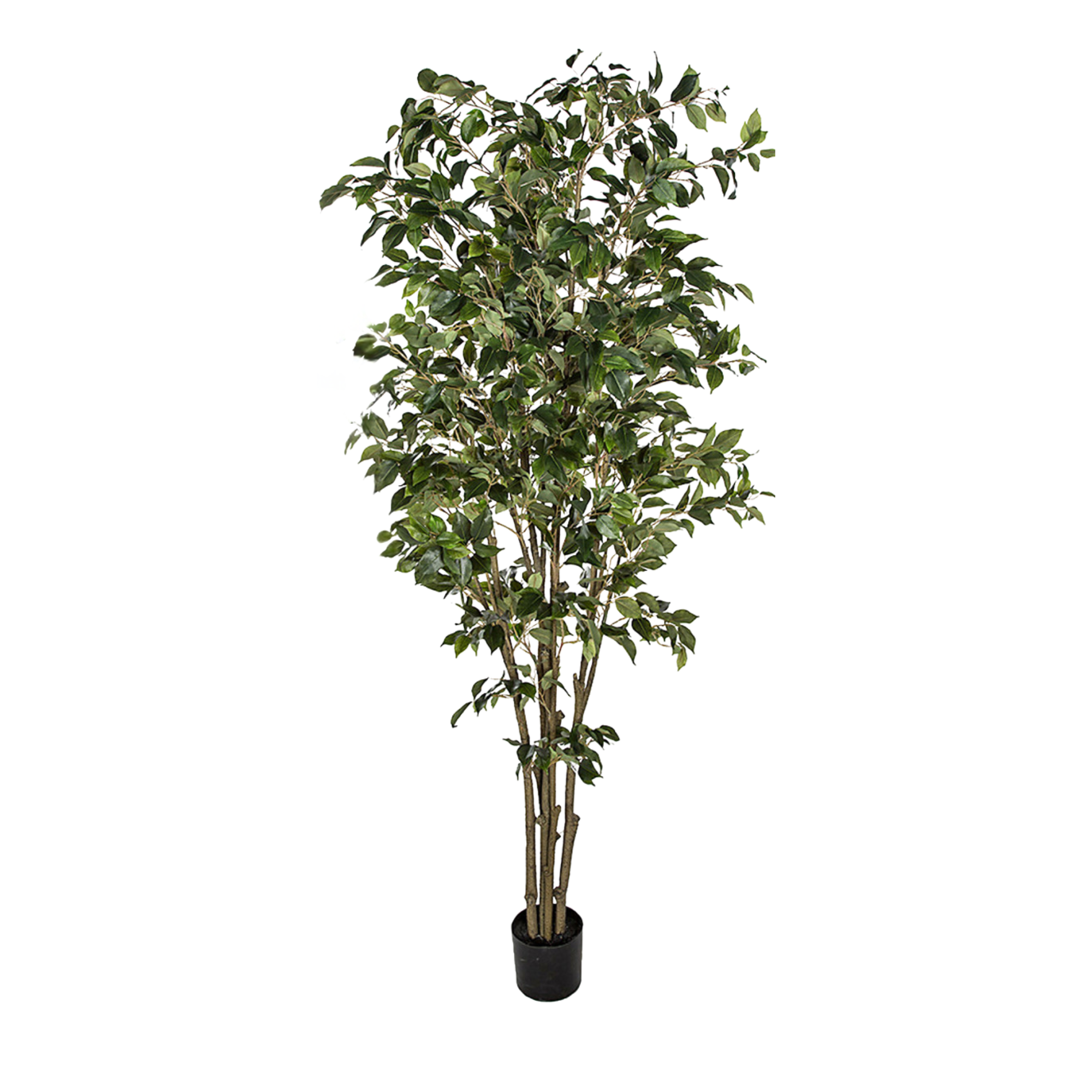 An artificial potted tree with green leaves in a black pot.