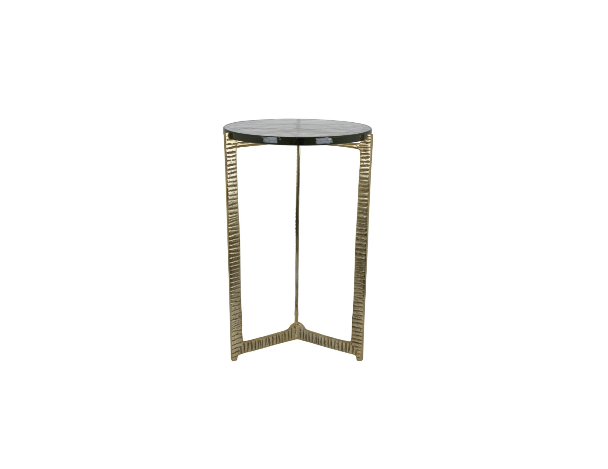A modern side table with a round black marble top and gold metal legs with textured stripes.