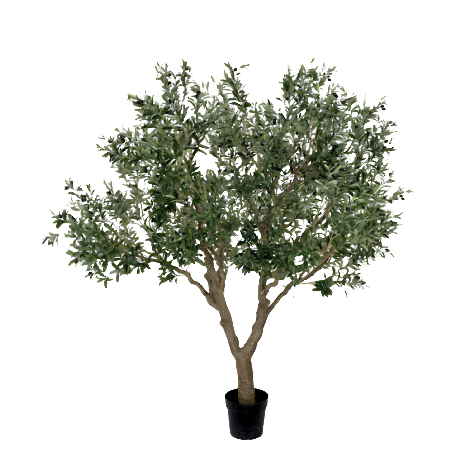 A potted artificial tree with dense green leaves, set against a plain white background.