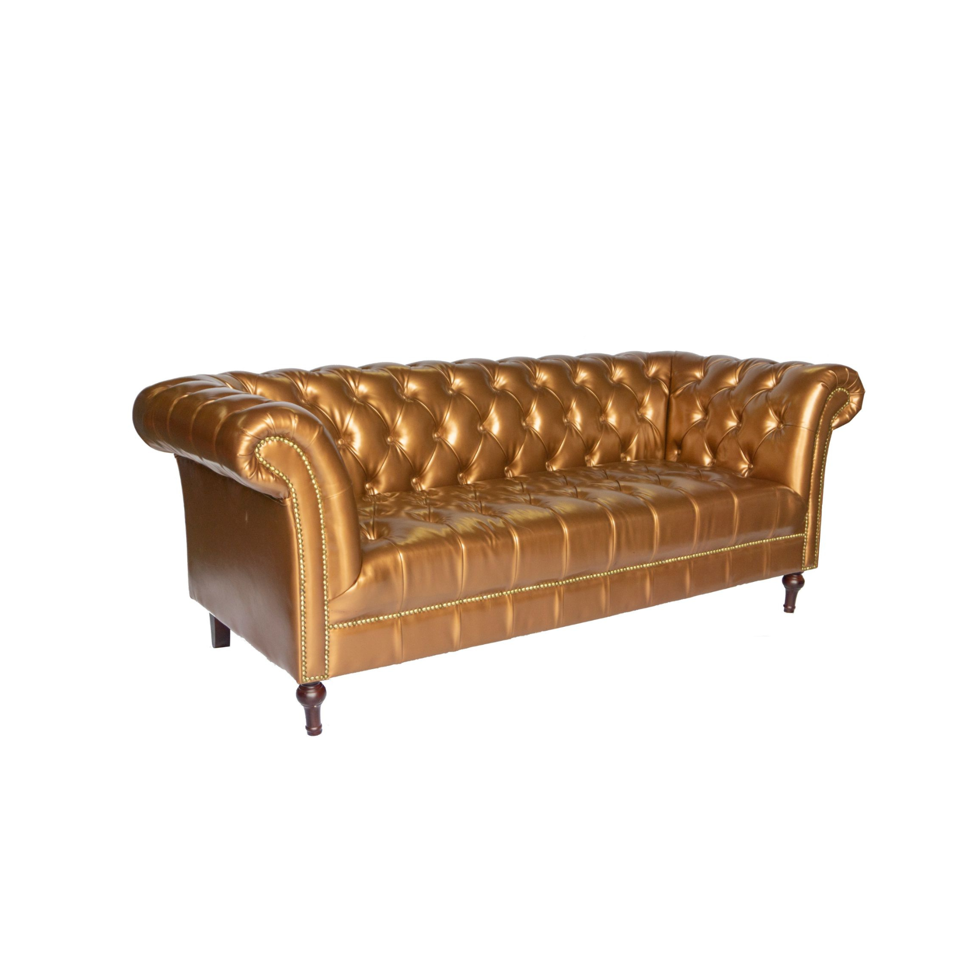 A brown leather chesterfield sofa with rolled arms and tufted button upholstery, placed against a white background.