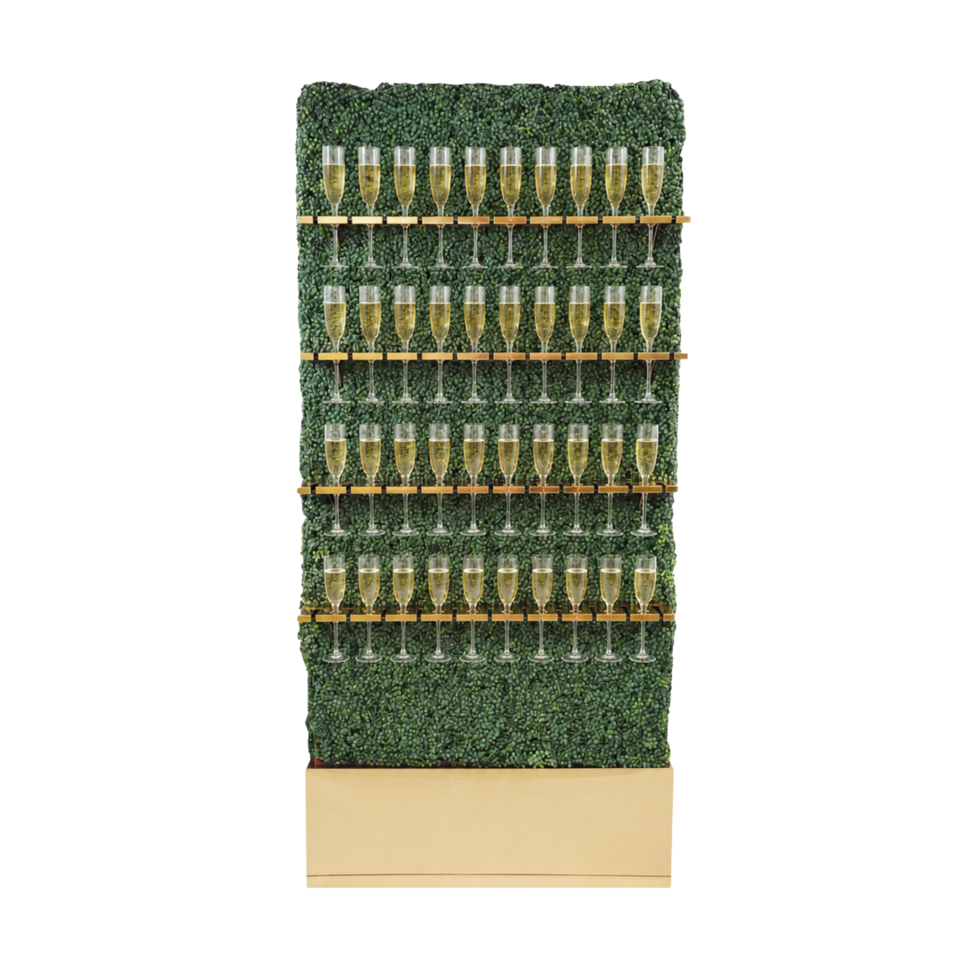 Installation art featuring multiple champagne glasses filled with yellow liquid, arranged on a tiered display with a fabric backdrop patterned with green, leafy designs.