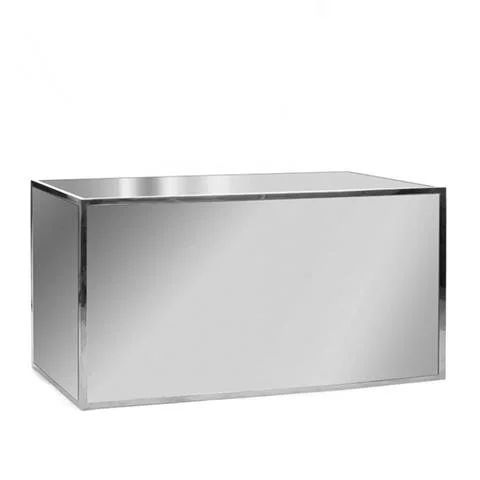 A stainless steel rectangular storage or display counter with a minimalist design.
