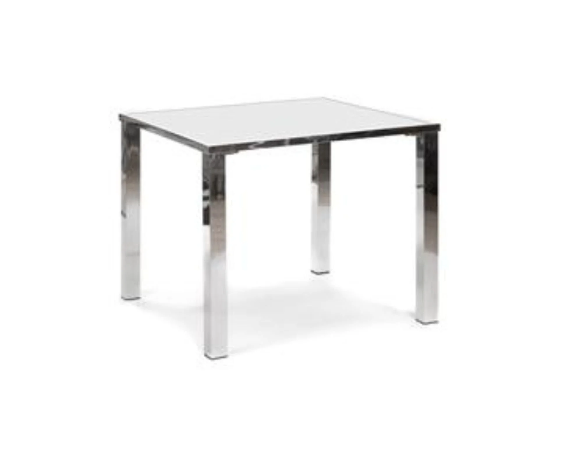 A modern kitchen table with a flat white top and shiny metallic legs.