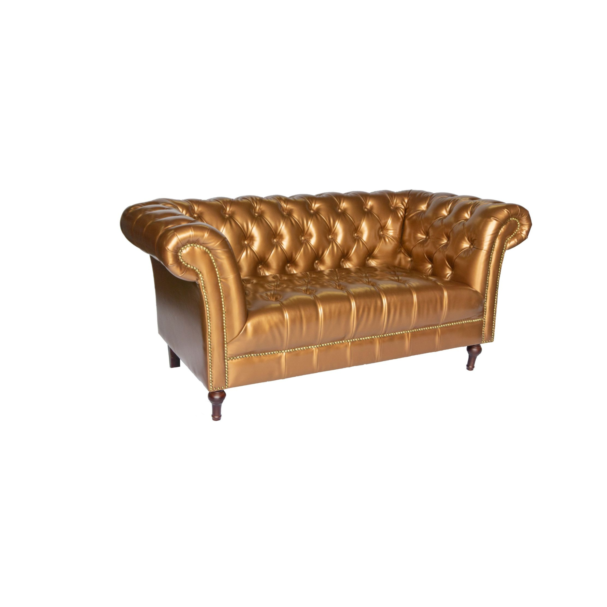 A brown leather chesterfield sofa with tufted upholstery and rolled arms, set against a white background.