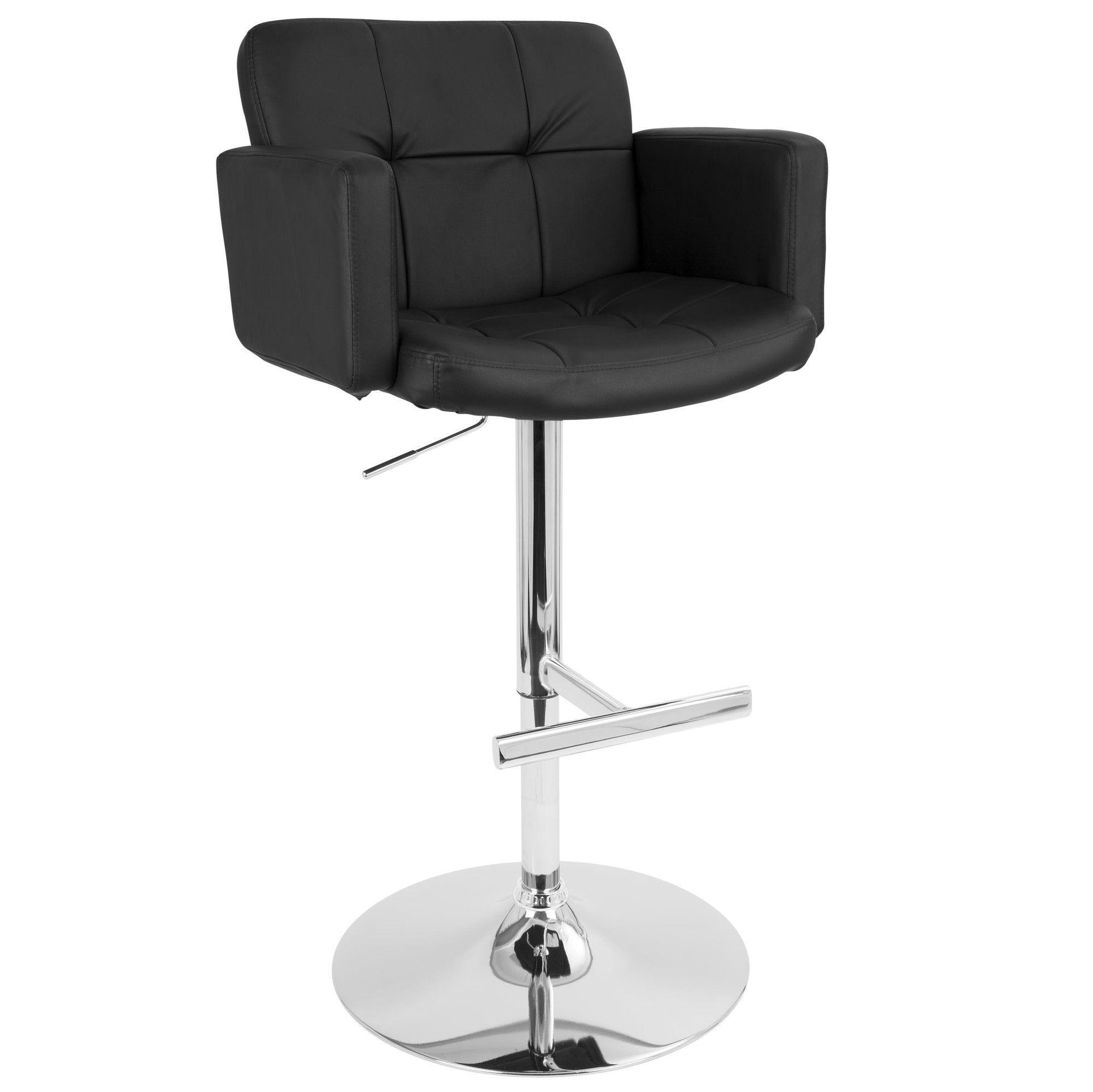 Black leather office chair with chrome base and footrest, standing on a reflective surface.