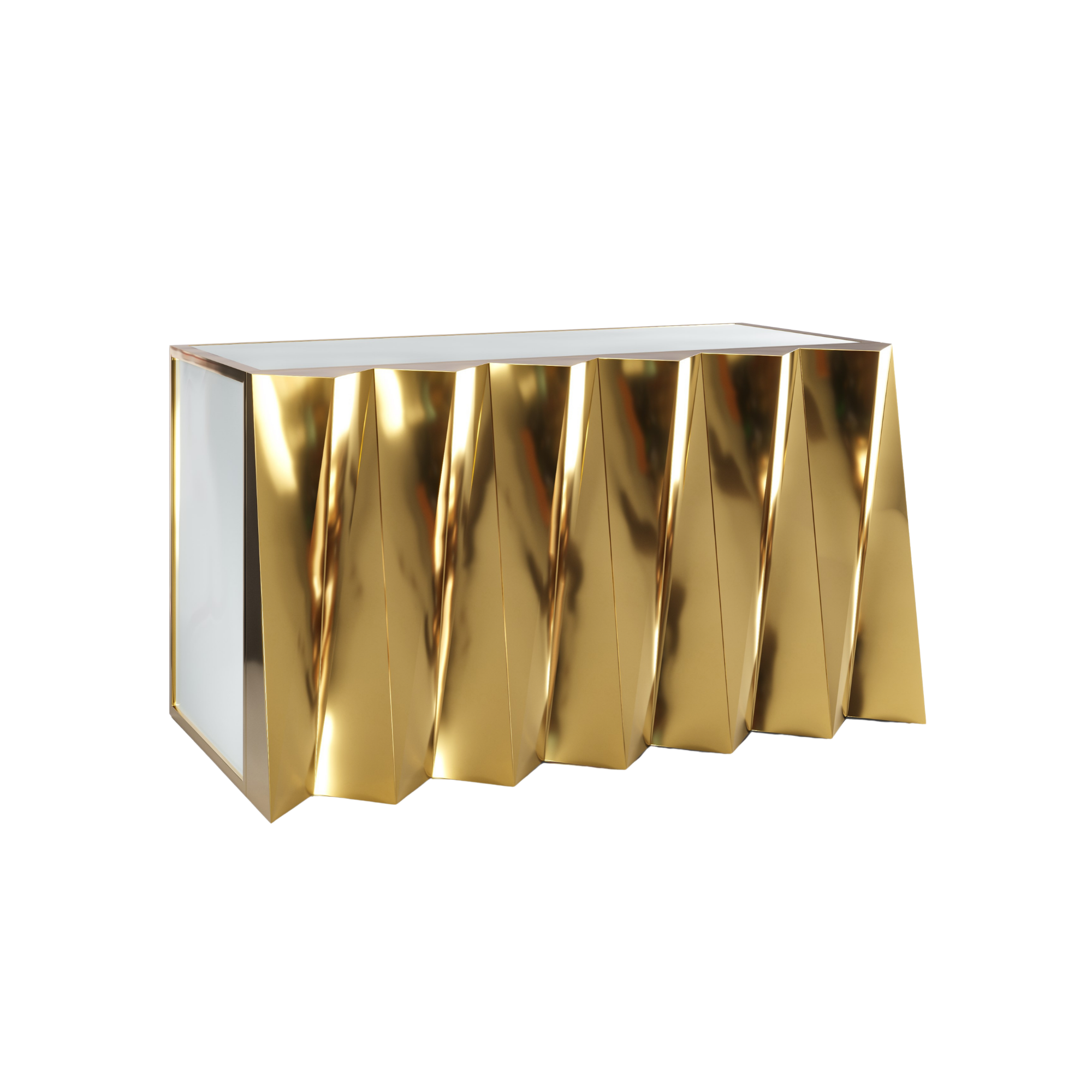 A modern table with a reflective white top and a gold geometric base.