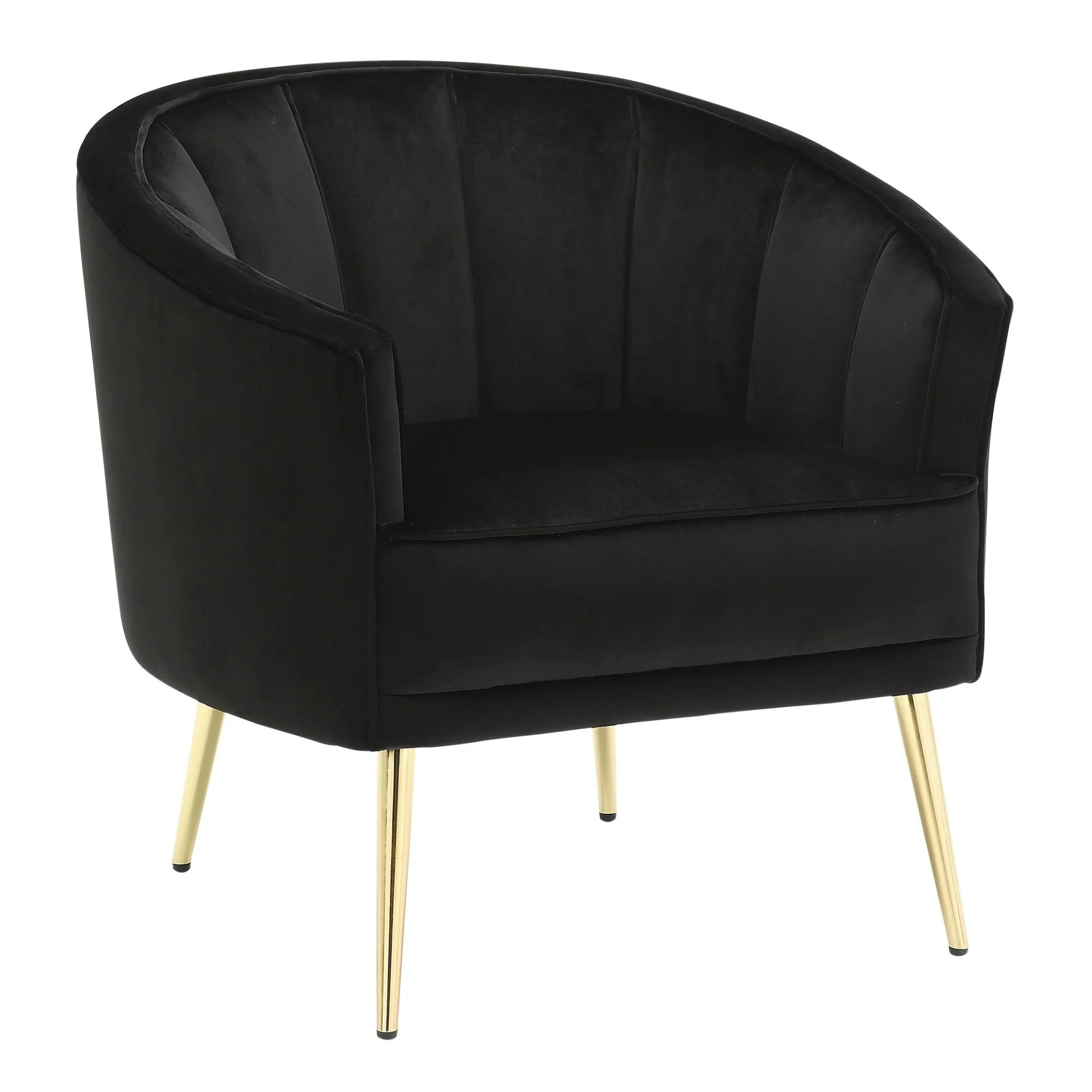 A black rounded armchair with slender wooden legs.