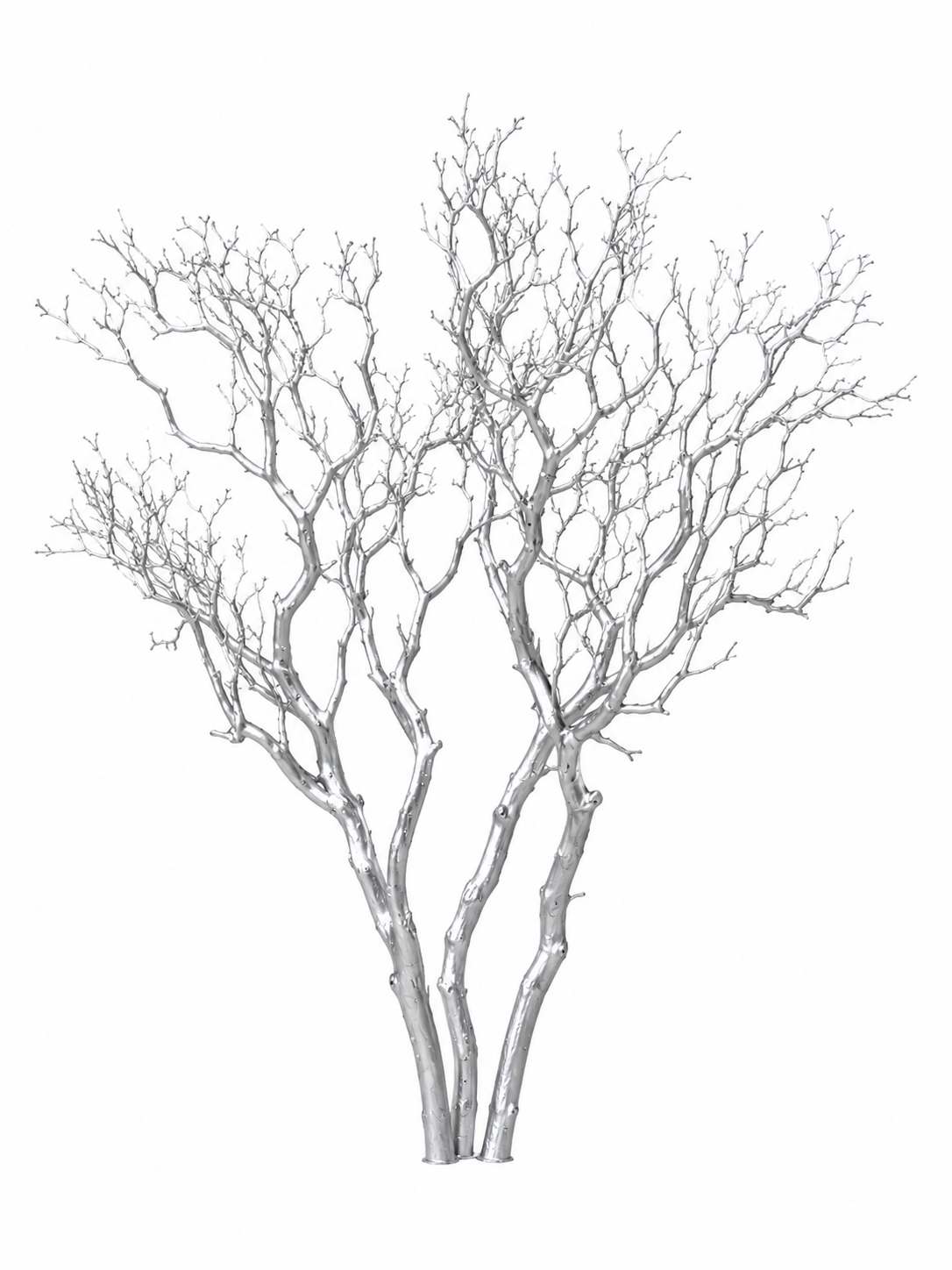 A silver, metallic, leafless tree sculpture with intricate branches against a white background.
