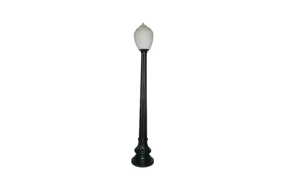 A tall black street lamp with a white glass lantern on top, set against a plain white background.