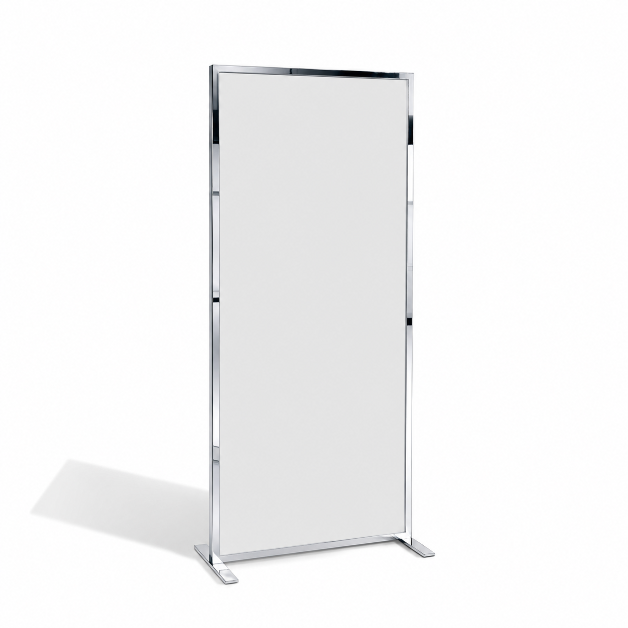 Full-length standing mirror with a silver metallic frame on a white background.