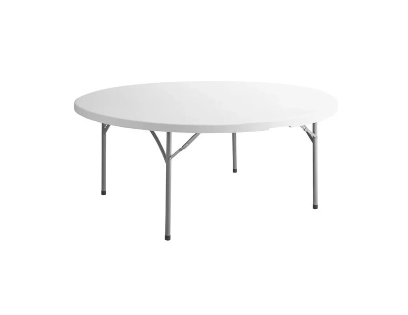 Round white folding table with metal legs.