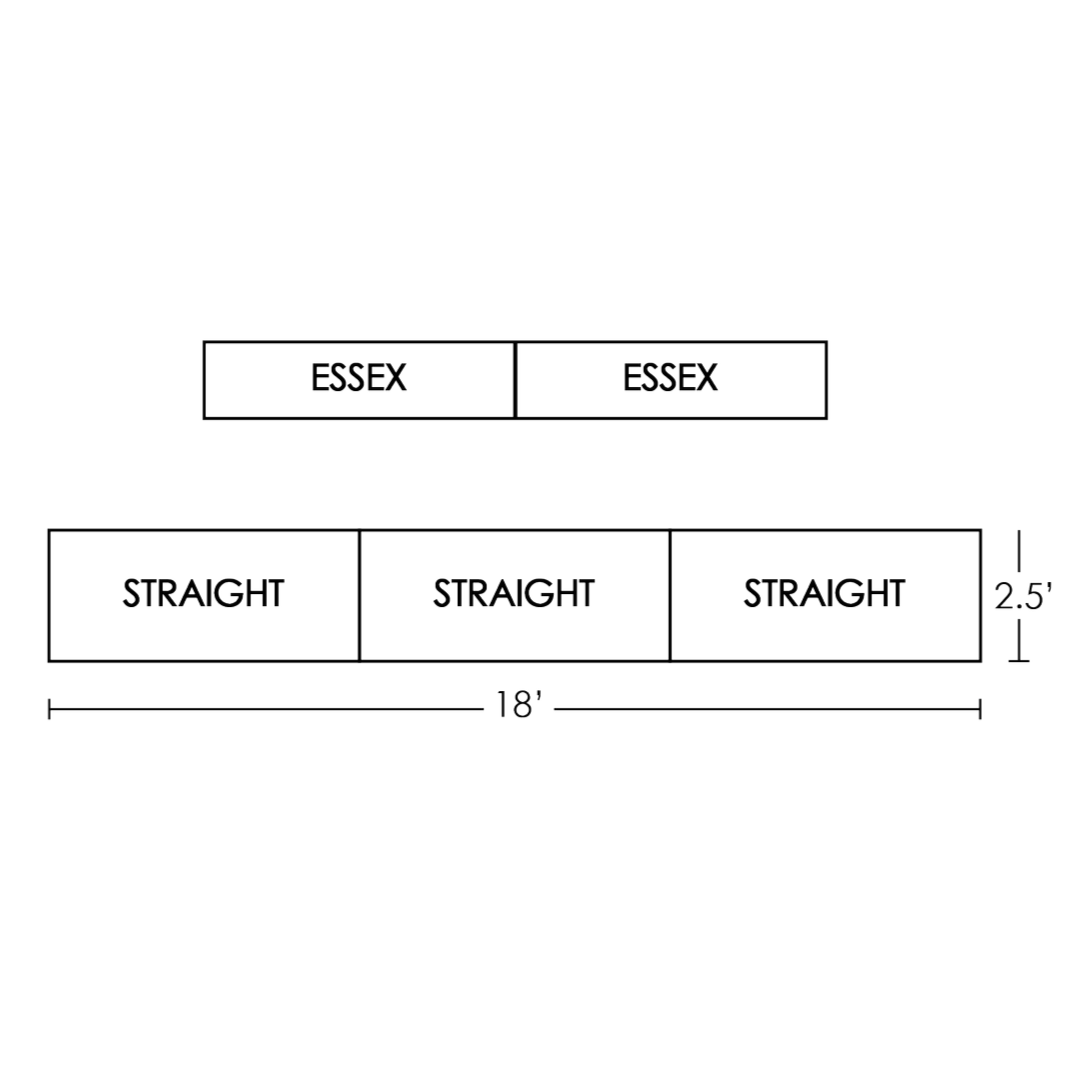 Diagram showing a rectangular layout with two labeled sections: 'ESSEX' at the top and three 'STRAIGHT' sections at the bottom, dimensions include 18 feet width and 2.5 feet height, with sections divided by lines.