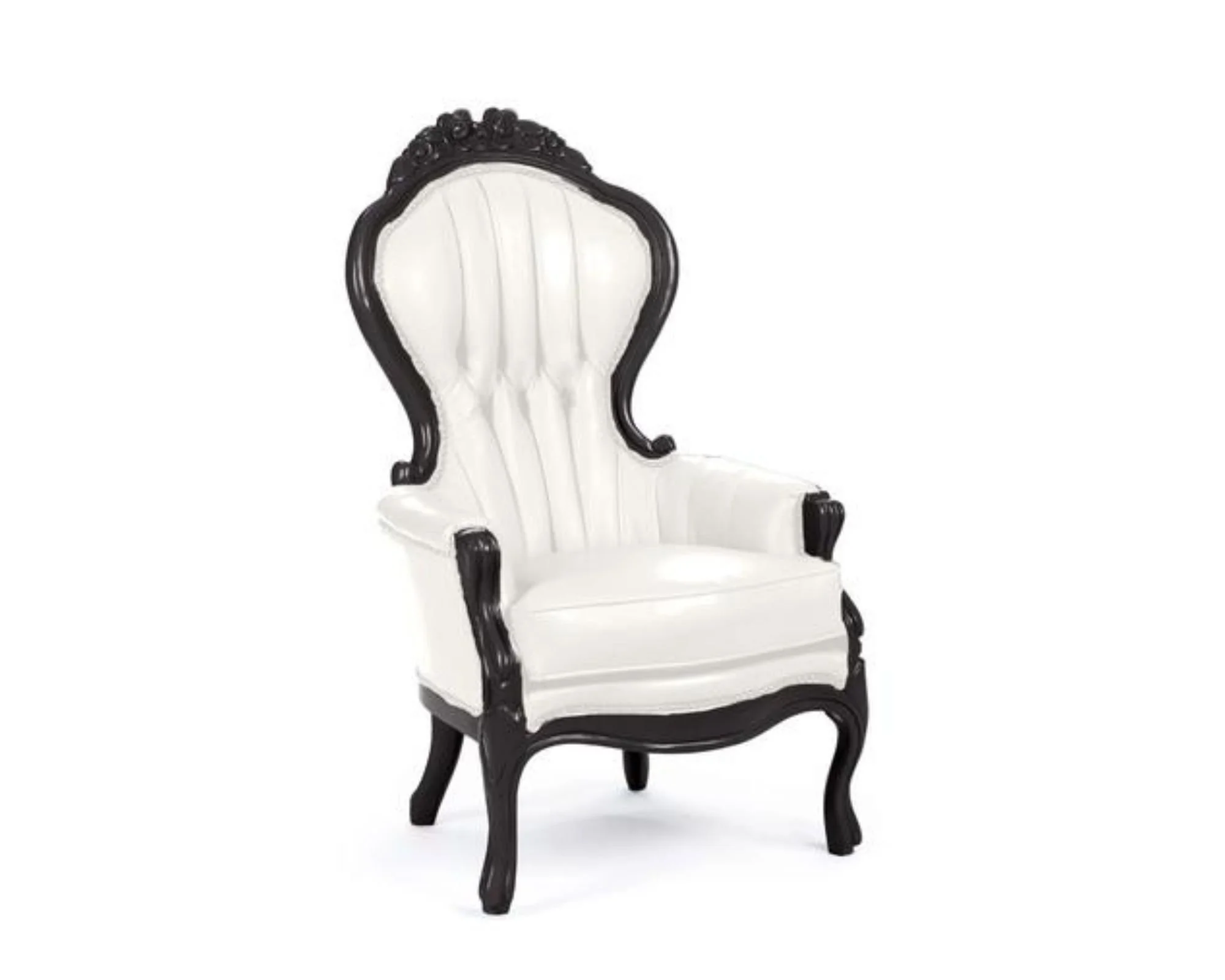 An elegant, vintage-style white armchair with black carved wooden trim and curved legs.