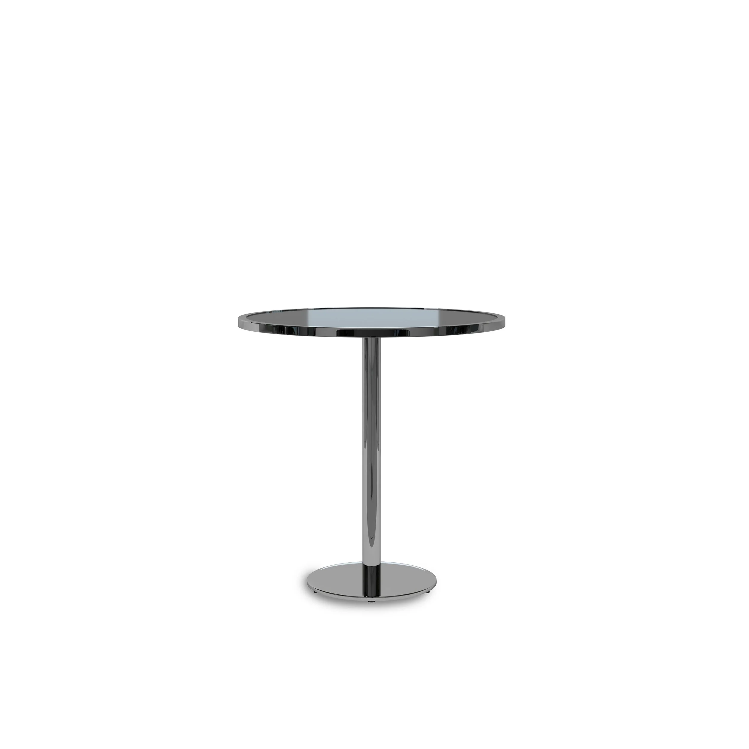 A round, black table with a sleek metal base on a white background.