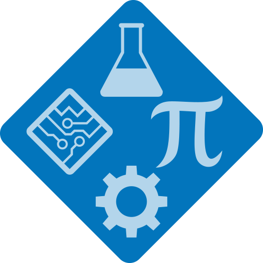 Icon of a laboratory flask, a circuit board, a gear and the pi symbol