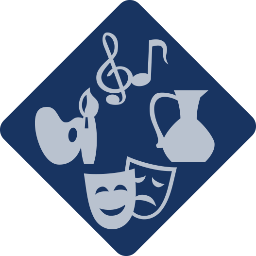 Icon of arts symbols: a paint palette with a brush, musical notes and comedy and tragedy masks
