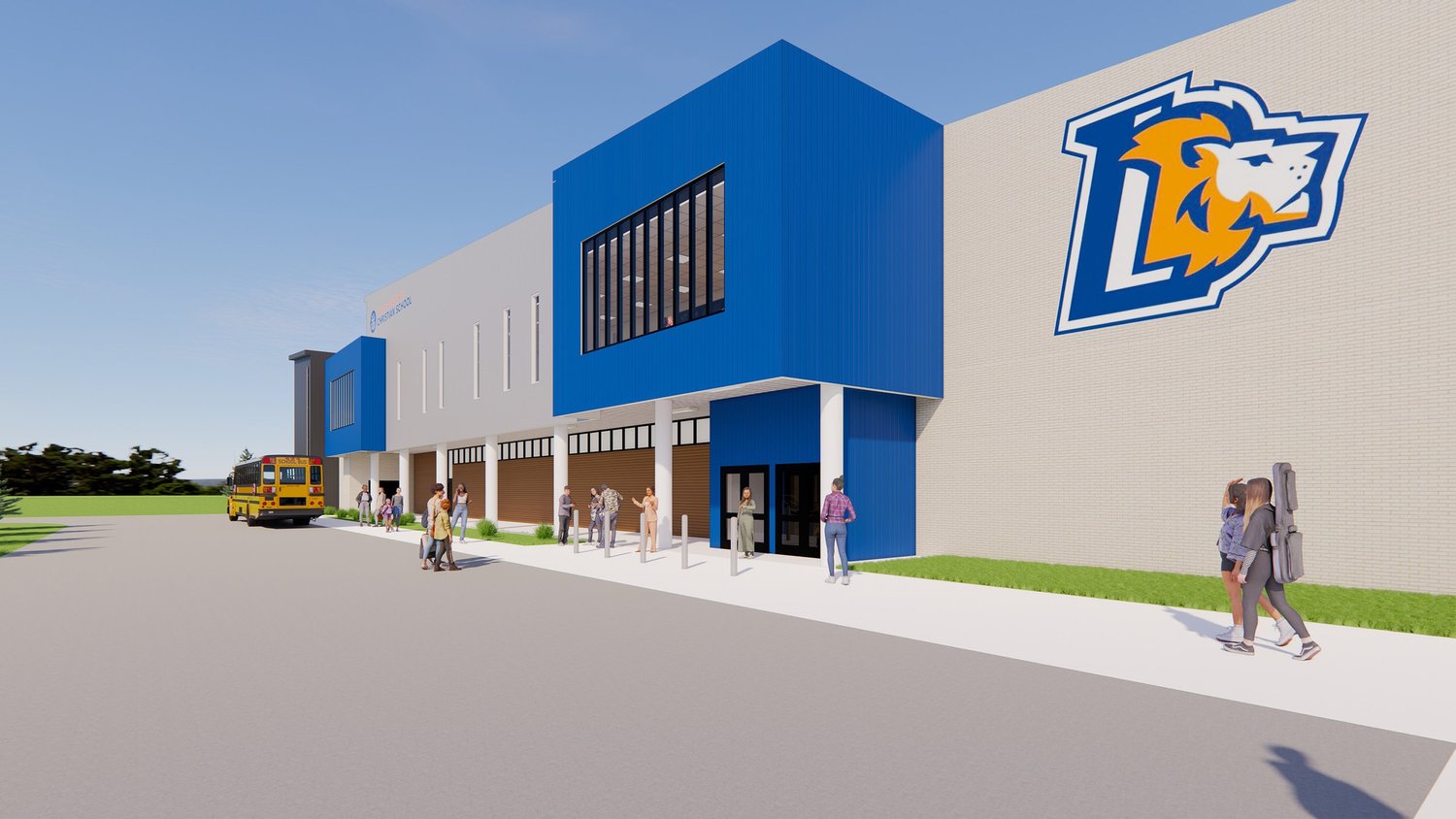 Rendering of the exterior front entry of the new building expansion