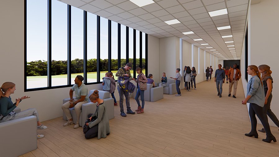 Rendering of the new interior hallway with large windows and study seating
