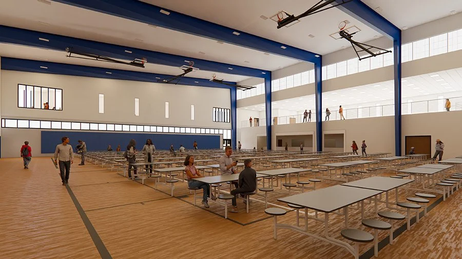 Rendering of the new multi-purpose gym and cafeteria with high ceilings and large windows