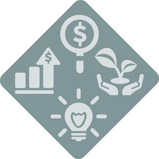 Icon of a dollar sign, a growing plant in hands and a lightbulb