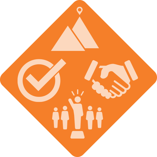 Icon of a mountain, a checkmark, a handshake and four people