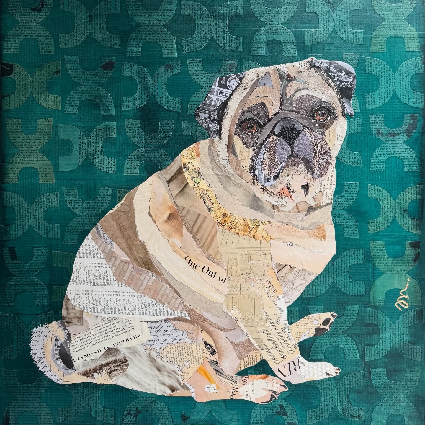 Meet The General.

This proud pug came to life through layers of repurposed paper from National Geographic and contemporary magazines to a few treasures from vintage Life issues. His background is built from pages of The Incredible Journey, collaged 