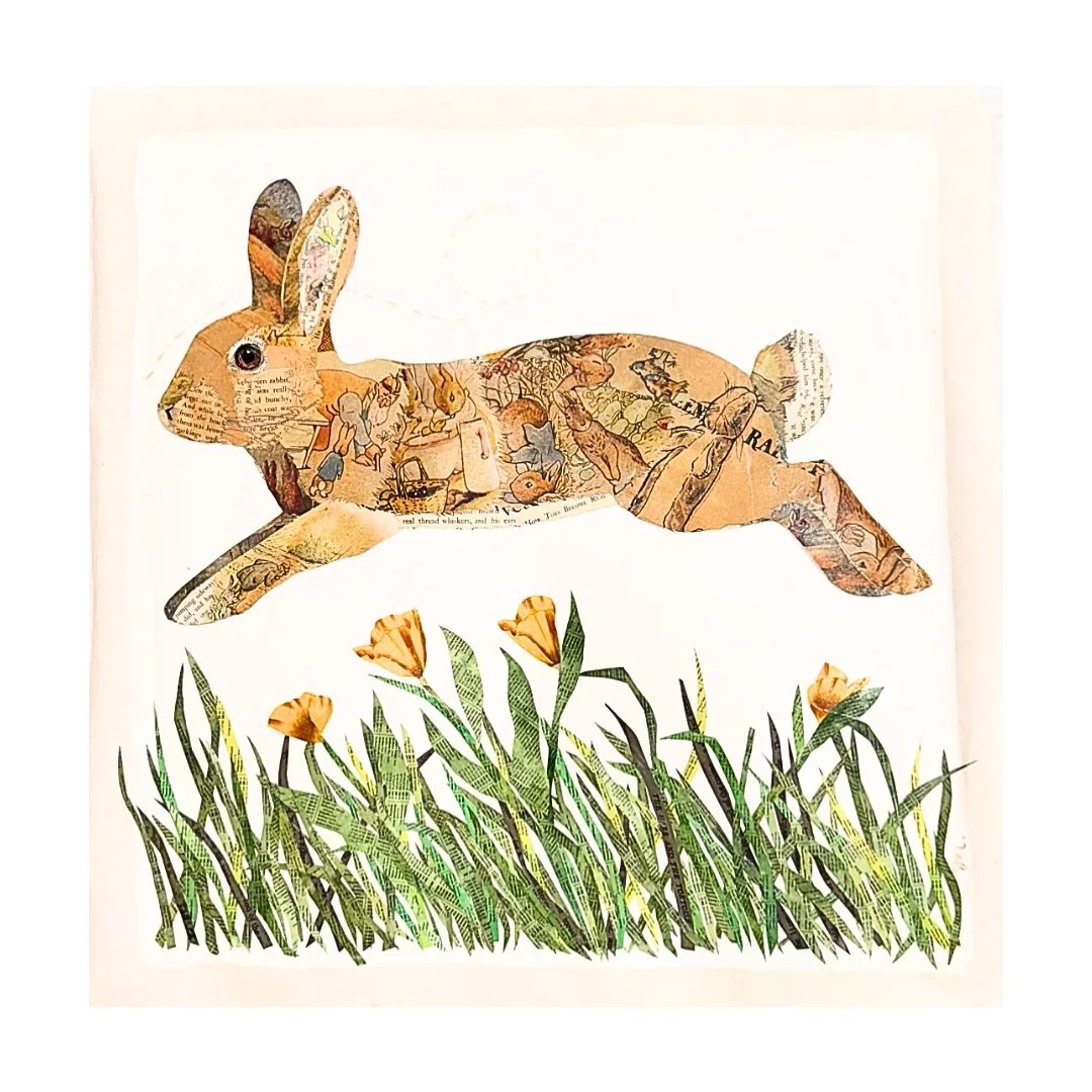 A rabbit in motion, No.2. This commissioned triptych was created for a new facility at a children&rsquo;s hospital in Boston, with a theme of movement and wonder. Each rabbit in this 3 part series is pieced from vintage Beatrix Potter and Velveteen R