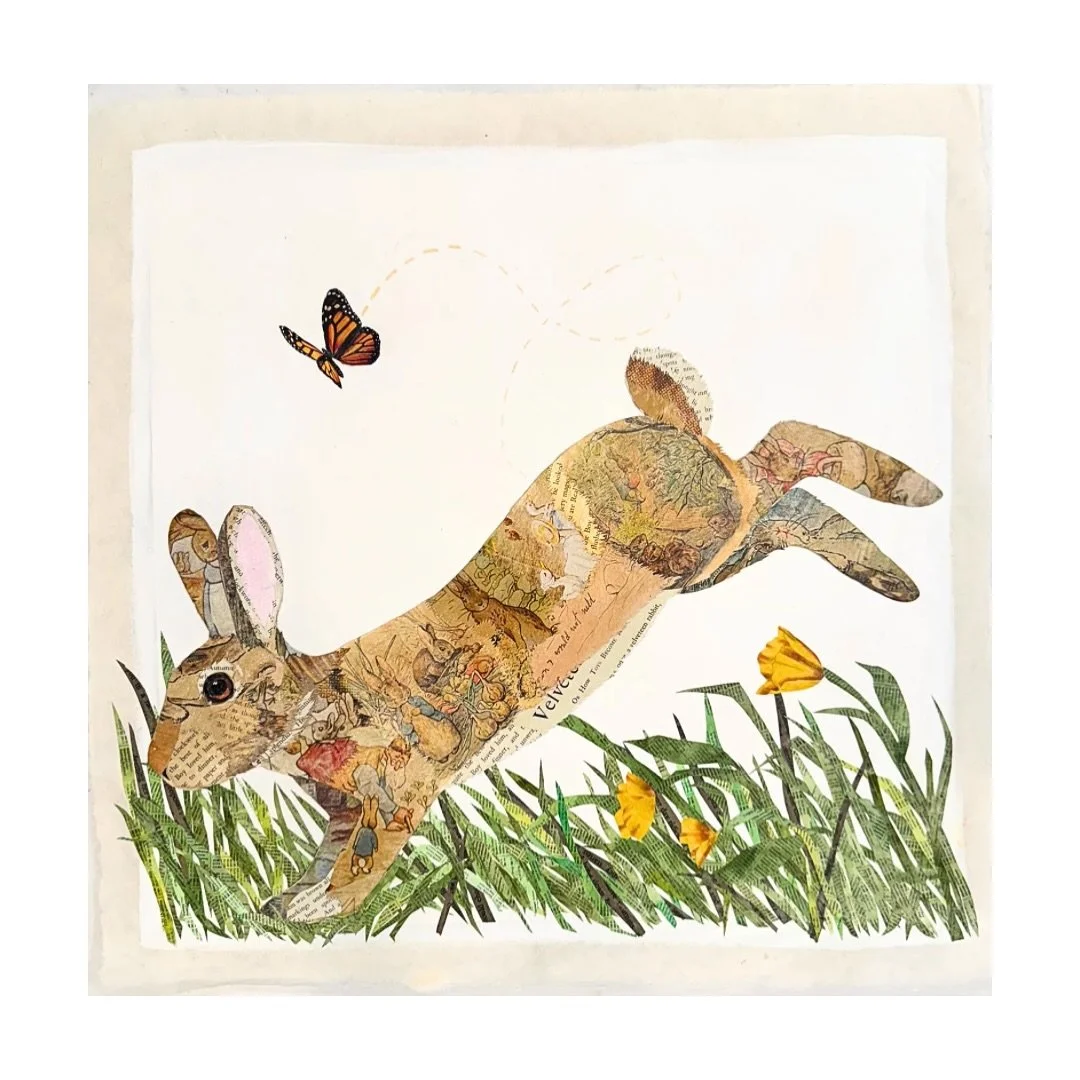 A rabbit in motion, No.2. This commissioned triptych was created for a new facility at a children&rsquo;s hospital in Boston, with a theme of movement and wonder. Each rabbit in this 3 part series is pieced from vintage Beatrix Potter and Velveteen R