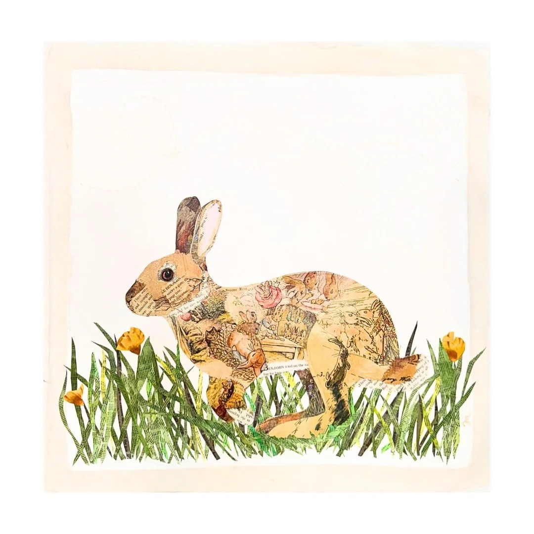 A rabbit in motion, No.1. This commissioned triptych was created for a new facility at a children&rsquo;s hospital in Boston, with a theme of movement and wonder. Each rabbit in this 3 part series is pieced from vintage Beatrix Potter and Velveteen R