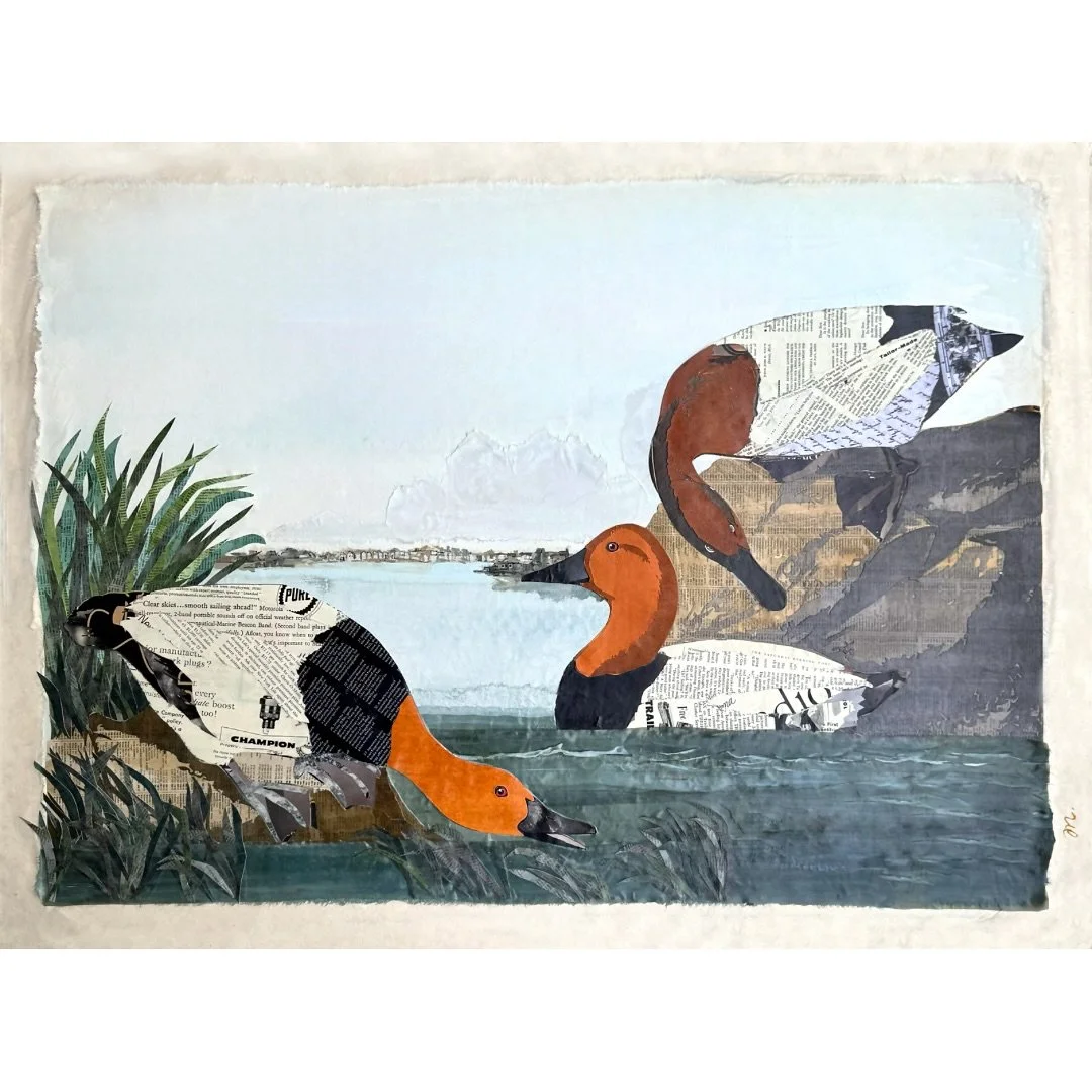 &ldquo;Lake Side.&rdquo; These three canvasback ducks are pieced from an old Saturday Evening Post, National Geographic pages, ink-dyed atlas maps, stained mulberry paper, and more. The scene is set on a 30&rdquo;x40&rdquo; deckled mulberry paper and