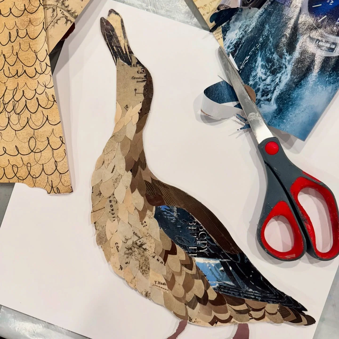Meet Addy.  This female mallard is pieced together from a variety of repurposed materials &mdash; vintage magazines, National Geographic pages, a world atlas, and more. She&rsquo;ll be floated on whitewashed mulberry paper and floated in a 16&times;2