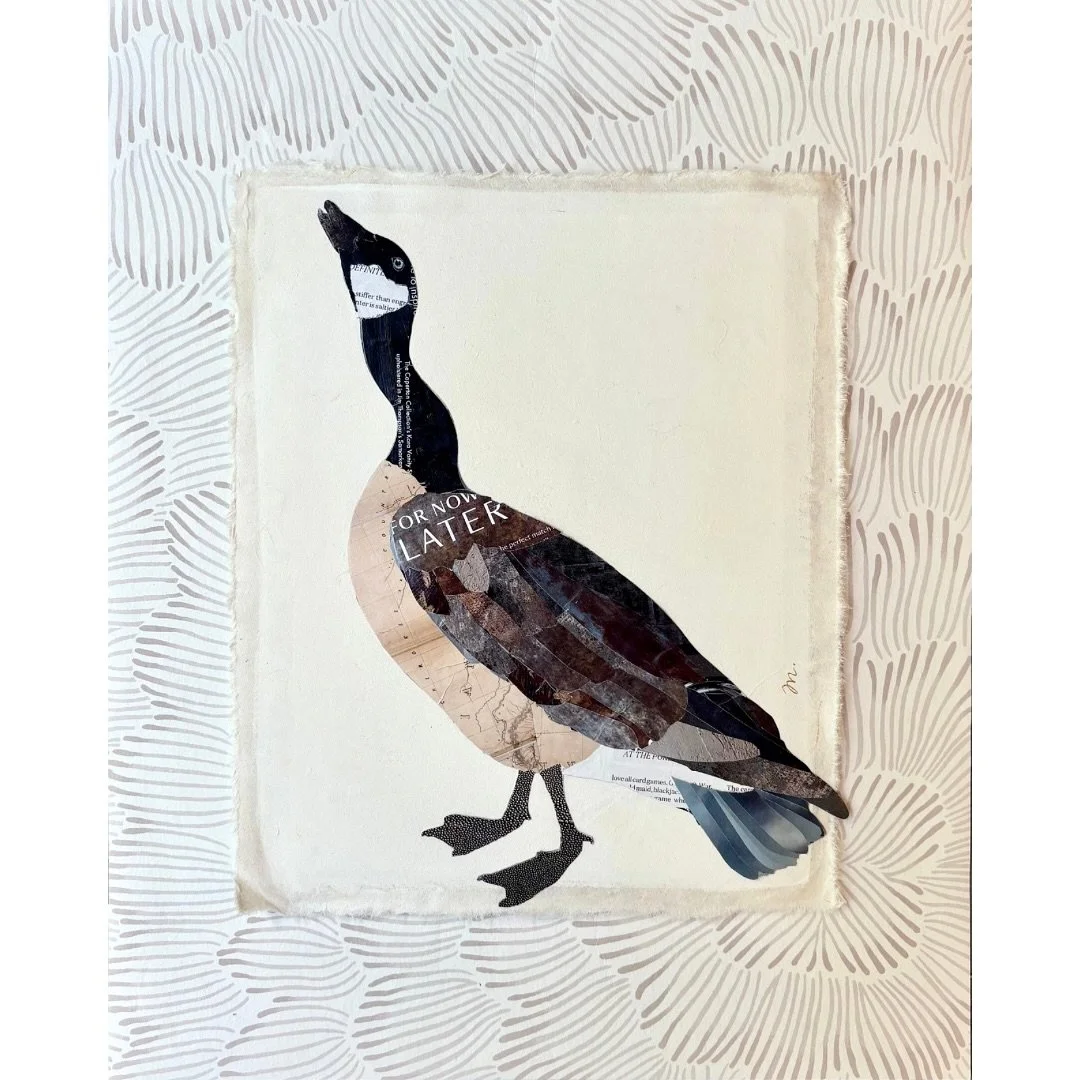 Meet Cookie. The latest paper goose made from a variety of repurposed magazines, a vintage train map and more. Cookie sits on an 11&rdquo;&rdquo;x14&rdquo; ivory washed mulberry paper and floated over patterned wallpaper, placed in a 16x20&rdquo; gol