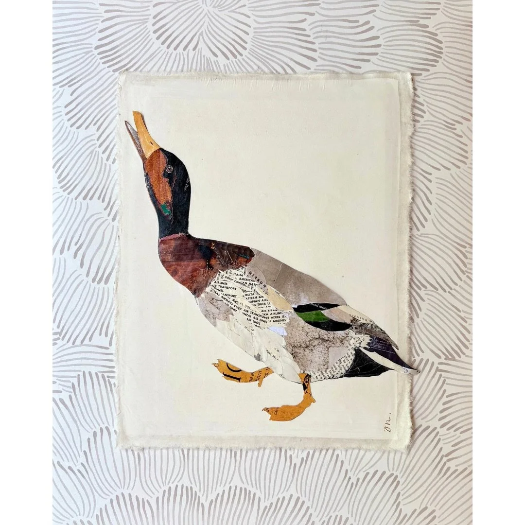 Meet Hickory. He is a part of my little duck series. He is created with a variety of vintage Saturday Evening Posts magazines, National Geographic&rsquo;s and one vintage map of Center Hill Lake. He is placed on an 11&rdquo;x14&rdquo; ivory washed mu