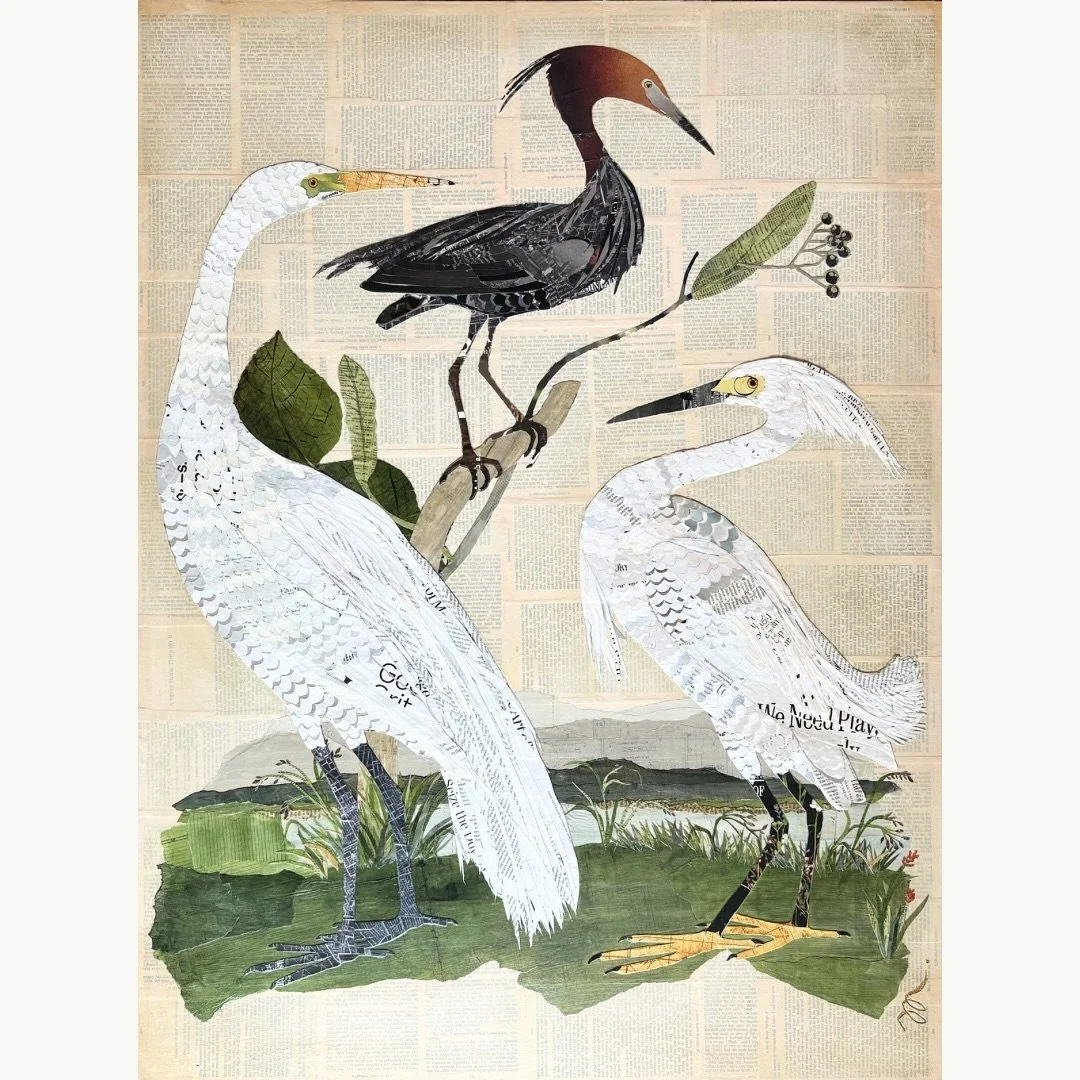 &ldquo;Down by the River.&rdquo; This is my latest piece and I just love it, there&rsquo;s so many fun details. Three herons gathered by the river, pieced from vintage and modern magazines against ink washed architectural drawings. The background is 