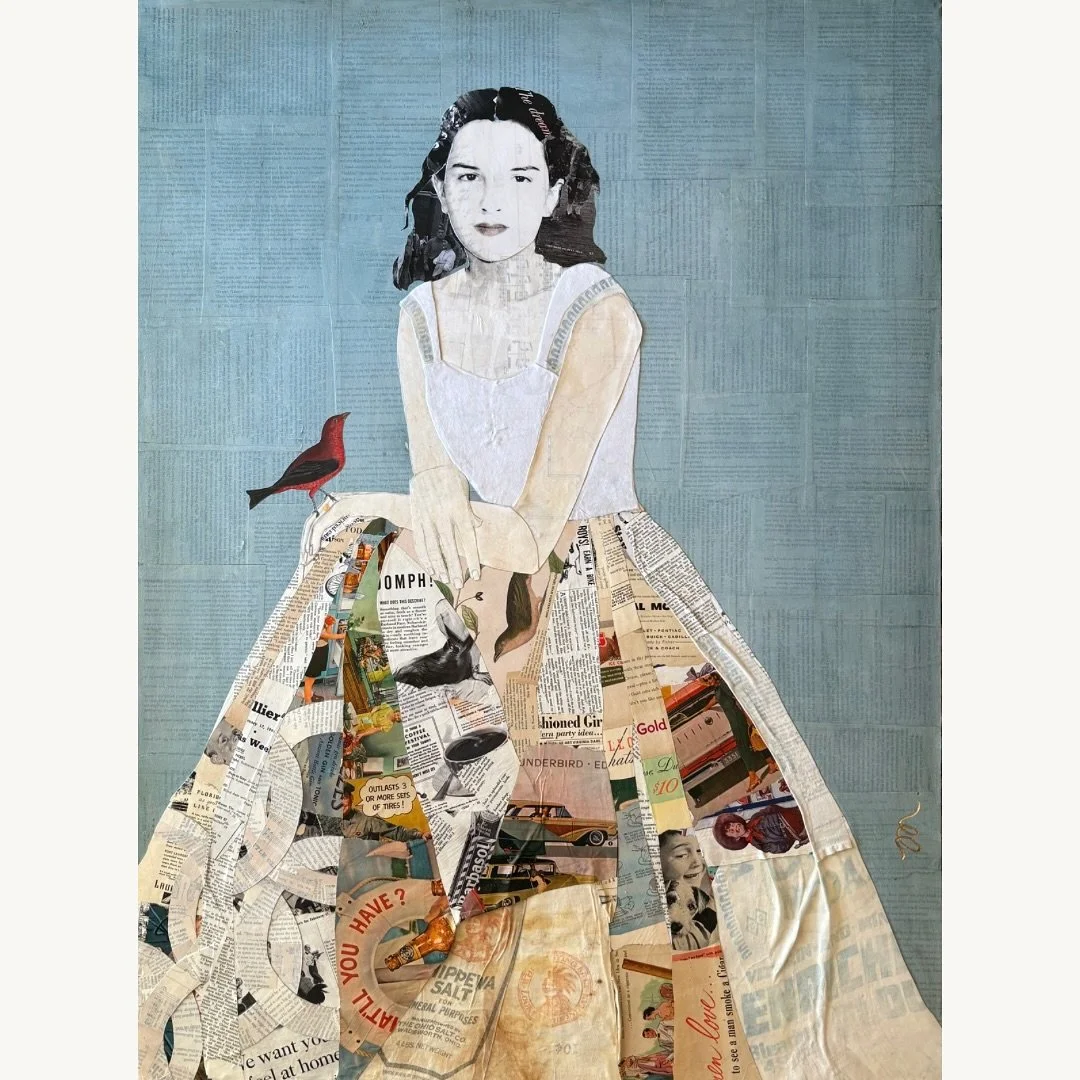 Meet Flora. Inspired by the quiet strength of generations past, this 30&rdquo;x40&rdquo; portrait is created with vintage flour sacks, magazines, architectural drawings, and quilted patterns. Her background is layered with pages from The Grapes of Wr