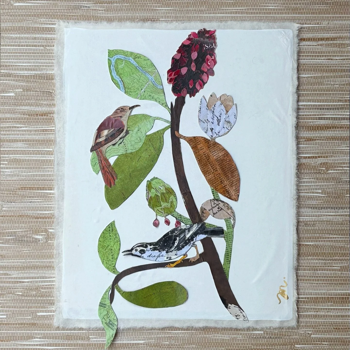 Meet Maggie and Lou. A mixed media paper collage pieced from layers of magazines, songbook pages, maps and more, all set on mulberry paper and floated in a 16&rdquo;x20&rdquo; frame.  This piece and more will be available at the upcoming Nashville ar