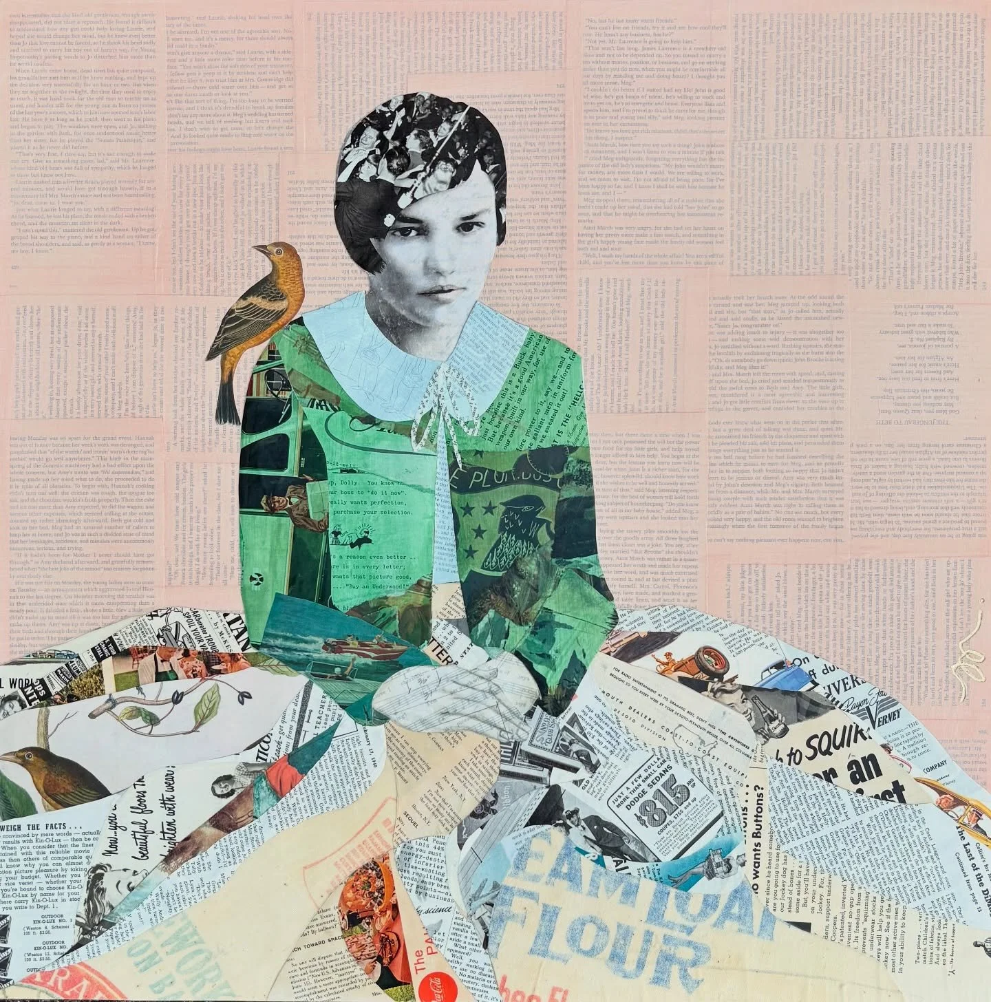 Amy. Cut and collaged from a variety of vintage magazines, old flour bags and architectural drawings, inspired by days gone by. A yellow tanager sits on Amy&rsquo;s shoulder, symbolizing the small, steady warmth of memory.  Amy sits on a 24&rdquo;x24