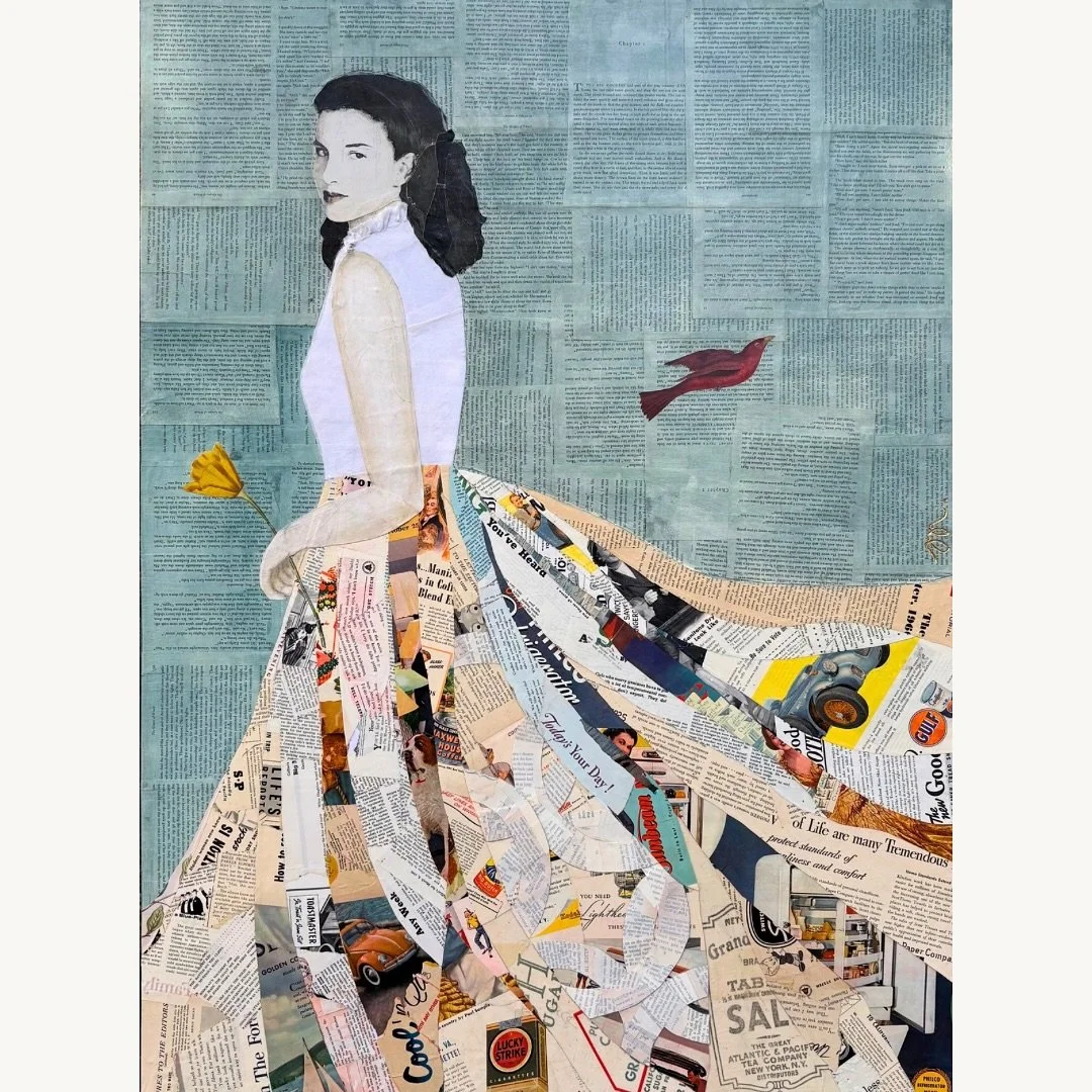 Flora II is a mixed media collage on a 30&rdquo;x40&rdquo; wood panel.  Flora is created with a variety of vintage Collier and Life magazines from the 1930s-50s, vintage flour bags, and old architectural drawings layered over pages from The Grapes of