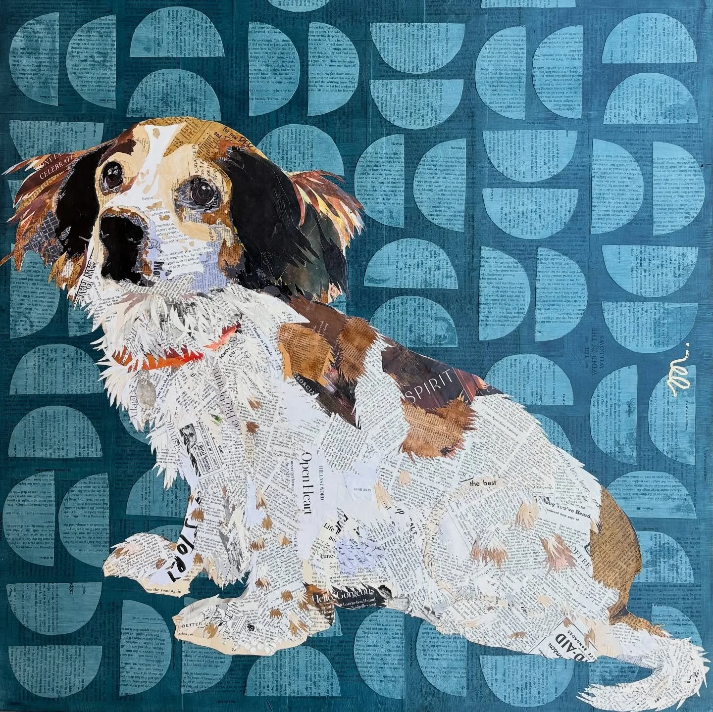 Meet Georgia, a recent commissioned piece created from a variety of repurposed vintage magazines, National Geographic&rsquo;s and more. Scroll to see the real Georgia. She is on a 30&rdquo;x40&rdquo; wood panel patterned and layered with pages from W