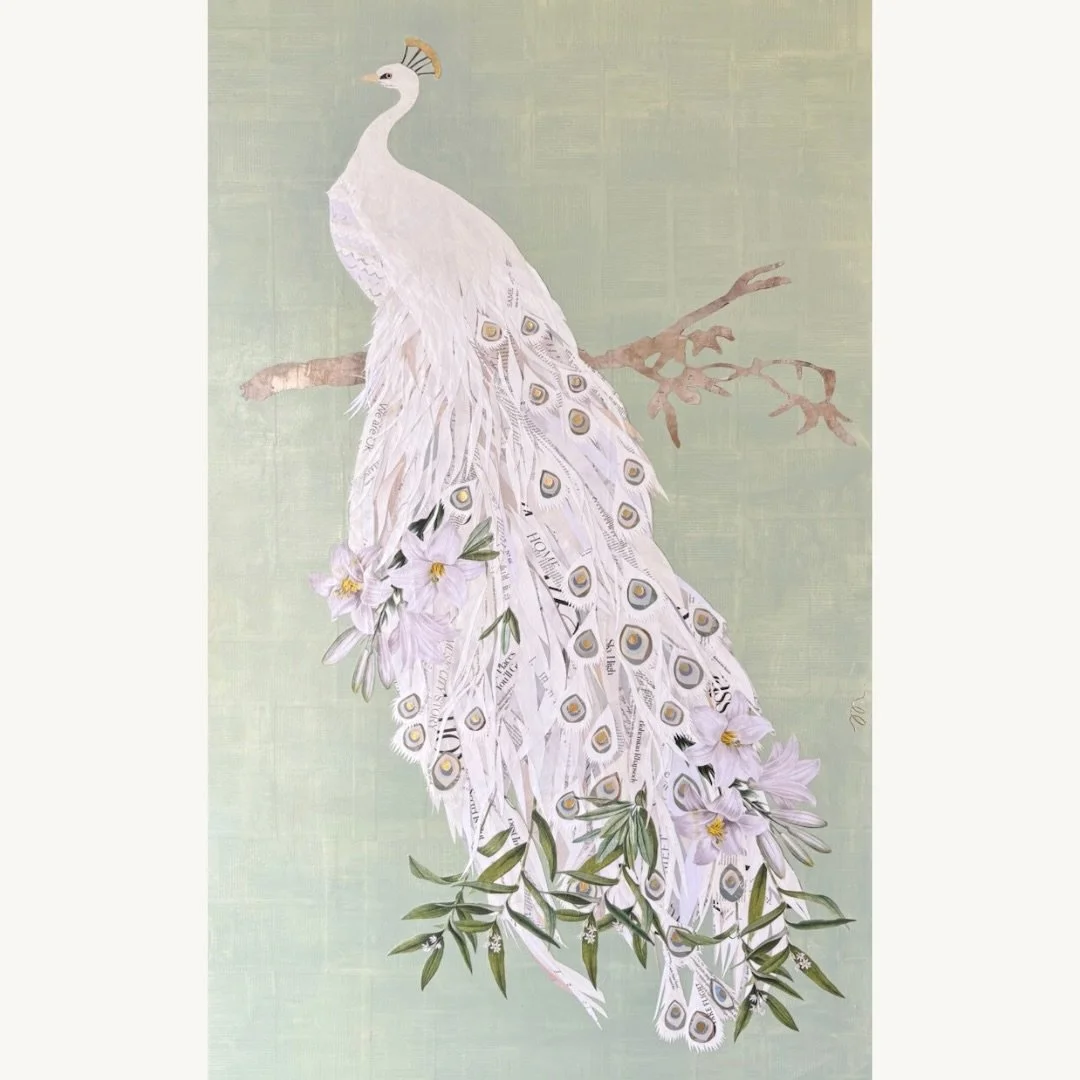 Meet Isadora, the latest paper peacock created with a variety of repurposed contemporary magazine pages, vintage Collier magazines, and old love letters. Vintage botanical lily illustrations are woven into her feathers. Her background is layered with
