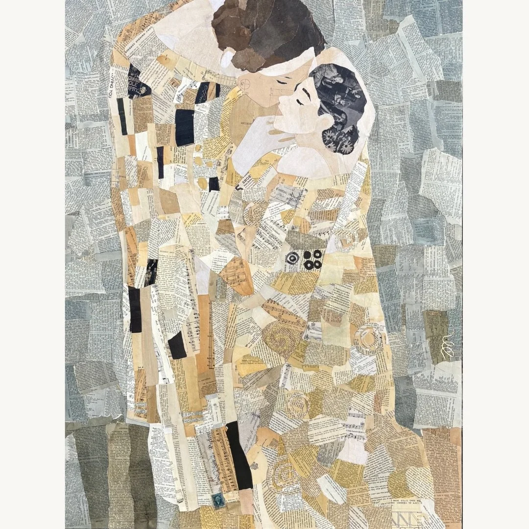 Between Us.
This piece came together with collaged inspiration, layered history, and a bit of Southern soul. I worked with vintage Saturday Evening Post pages, ink-stained musical dictionary sheets, vintage Opry songbooks, and a 1915 Chatterbox book 