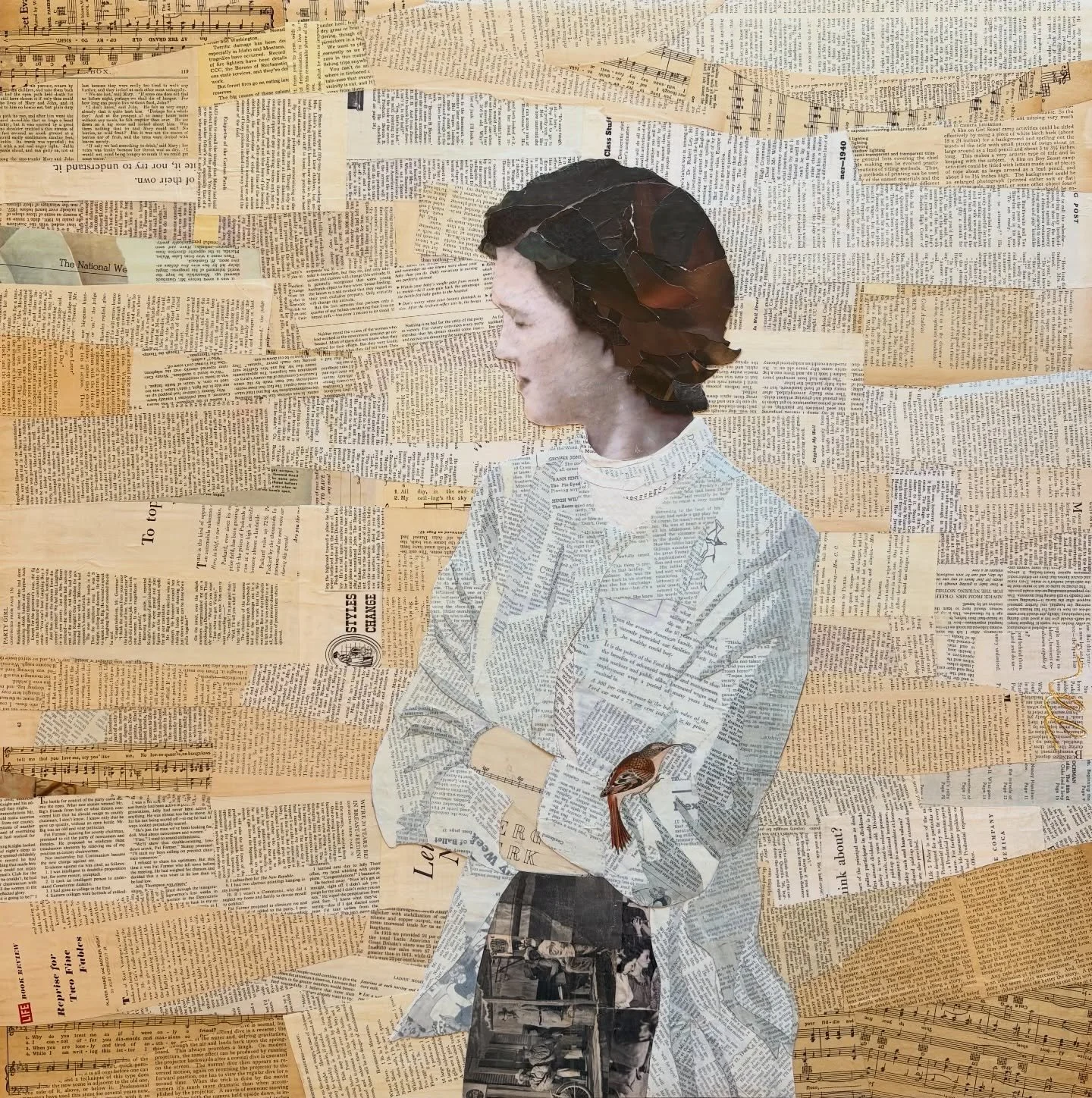 Layer by layer.
This piece was created using a mix of vintage magazines and songbooks on a 30&rdquo; x 30&rdquo; wood panel. She&rsquo;s turned toward the horizon, carrying strength, reflection, and growth.

The small sparrow resting on her elbow sym